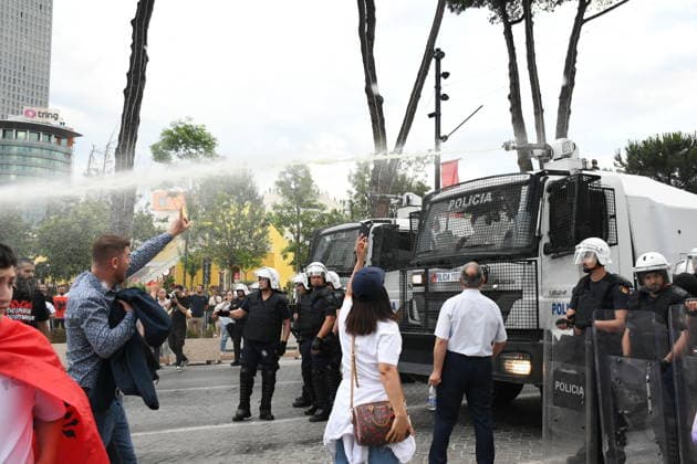 Police use water cannons to disperse protesters at a demonstration against a tourism project in Albania TIRANA, ALBANIA - JUNE 3: Police use water cannons against the protesters during a protest against a planned tourism project in the Zvernec area of the city of Avlonya (Vlora) as people gather on the Boulevard of the Nation’s Martyrs in Tirana, Albania on June 3, 2026. People protest the sale of a stretch of coastline in Zvernec as part of a tourism project reportedly linked to U.S. President Donald Trump’s daughter, Ivanka Trump, and her husband, Jared Kushner. Olsi Shehu Anadolu Tirana Albania. Editorial use only. Please get in touch for any other usage.  Copyright: x2026xAnadoluxOlsixShehux