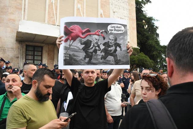 Police use water cannons to disperse protesters at a demonstration against a tourism project in Albania TIRANA, ALBANIA - JUNE 3: People stage a protest against a planned tourism project in the Zvernec area of the city of Avlonya (Vlora) as people gather on the Boulevard of the Nation’s Martyrs in Tirana, Albania on June 3, 2026. People protest the sale of a stretch of coastline in Zvernec as part of a tourism project reportedly linked to U.S. President Donald Trump’s daughter, Ivanka Trump, and her husband, Jared Kushner. Olsi Shehu Anadolu Tirana Albania. Editorial use only. Please get in touch for any other usage.  Copyright: x2026xAnadoluxOlsixShehux