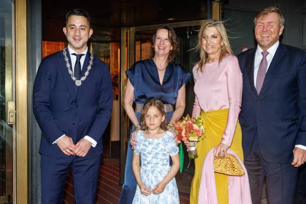 The Netherlands, 2026-06-03 20:29:59 NLD Amsterdam 20260603 - Royal Couple at the opening of the Holland Festival. In the photo: King Willem-Alexander and Queen Maxima - Greeting outside the main entrance by Emily Ansenk, Director of the Holland Festival. H.M. the Queen is presented with a hand bouquet by Alma Valkenburg (7 years old), daughter of Music & Music Theatre Program Manager Jochem Valkenburg.  Copyright: xx x