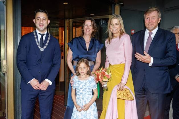 The Netherlands, 2026-06-03 20:30:00 NLD Amsterdam 20260603 - Royal Couple at the opening of the Holland Festival. In the photo: King Willem-Alexander and Queen Maxima - Greeting outside the main entrance by Emily Ansenk, Director of the Holland Festival. H.M. the Queen is presented with a hand bouquet by Alma Valkenburg (7 years old), daughter of Music & Music Theatre Program Manager Jochem Valkenburg.  Copyright: xx x