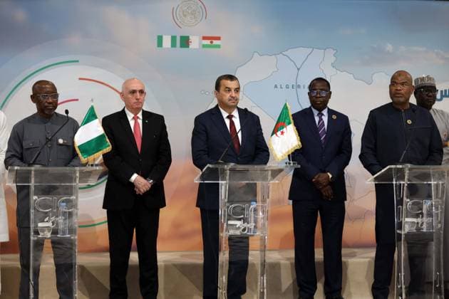 5th ministerial meeting of the TSGP trans-Saharan gas pipeline project Mohamed Arkab, Algerian Minister of Energy and Mines C , Ekperikpe Ekpo, Nigerian Minister of State for Petroleum Resources, L , Hamadou TINI, Nigerian Minister of Public Works R , at the 5th ministerial meeting of the steering committee for the trans-Saharan gas pipeline project between Algeria, Nigeria and Niger in Algiers, Algeria on June 03, 2026, the meeting will address the conclusions of the 4th ministerial meeting of the TSGP Steering Committee, which was sanctioned by the signing of a memorandum of understanding between the three countries Photo By Billel Bensalem APP Alger Algeria Copyright: xAlgÃ riexPressexPhotosxAPPxBillelxBensalemx xAPPx IMG_3638