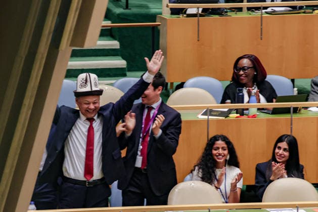 June 3, 2026, New York, New York, USA: KyrgyzstanÃ¢â‚¬â ¢s delegation celebrates in the General Assembly Hall, with a delegate raising his hands after Kyrgyzstan was elected to a non-permanent seat on the UN Security Council for the 2027Ã¢â‚¬2028 term at UNHQ New York USA - ZUMAo116 20260603_znp_o116_145 Copyright: xBiancaxOterox