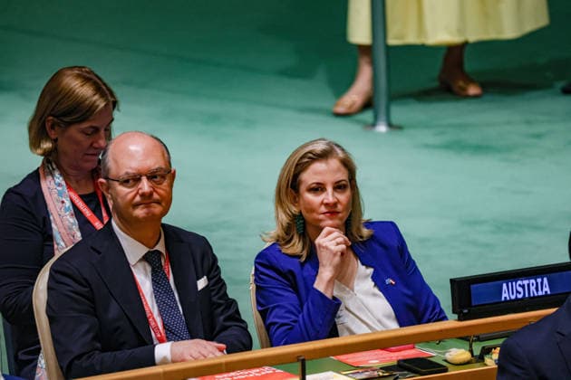 June 3, 2026, New York, New York, USA: AustriaÃ¢â‚¬â ¢s Federal Minister for European and International Affairs BEATE MEINL-REISINGER sits with AustriaÃ¢â‚¬â ¢s Permanent Representative to the UN GREGOR KOESSLER in the General Assembly Hall before the vote for non-permanent seats on the UN Security Council for the 2027Ã¢â‚¬2028 term at UNHQ New York USA - ZUMAo116 20260603_znp_o116_064 Copyright: xBiancaxOterox