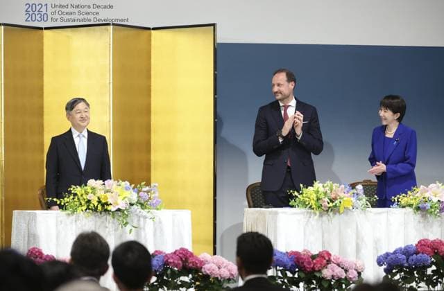 Emperor at inaugural ocean forum in Tokyo Japan s Emperor Naruhito (L) attends the opening ceremony of the inaugural Island States Ocean Summit, a conference to discuss maritime conservation and measures to combat climate change, in Tokyo alongside Norway s Crown Prince Haakon (C) and Japanese Prime Minister Sanae Takaichi on June 3, 2026. (Pool photo)  A14AA0005617585P