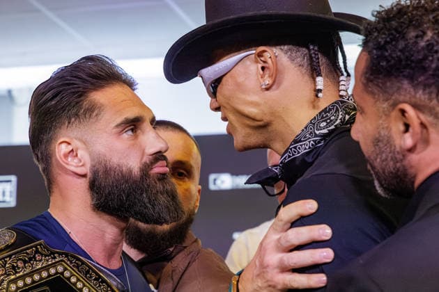 03.06.2026. Leverkusen. Aleks Petrovic vs. Chase DeMoor auf der Pressekonferenz im Vorfeld zum Fame Fighting, das große Promibox-Event von BILD und Eugen Lopez am 06.06.2026 in der Leverkusener Ostermann Arena. Zum ersten Mal in Kooperation mit dem britischen Pendant Misfits Boxing und dem internationalen Medienpartner The Sun. Leverkusen Ostermann Arena Nordrhein-Westfalen Deutschland *** 03 06 2026 Leverkusen Aleks Petrovic vs Chase DeMoor at the press conference in the run-up to Fame Fighting, the big celebrity boxing event by BILD and Eugen Lopez on 06 06 2026 in the Ostermann Arena in Leverkusen For the first time in cooperation with the British counterpart Misfits Boxing and the international media partner The Sun Leverkusen Osterman