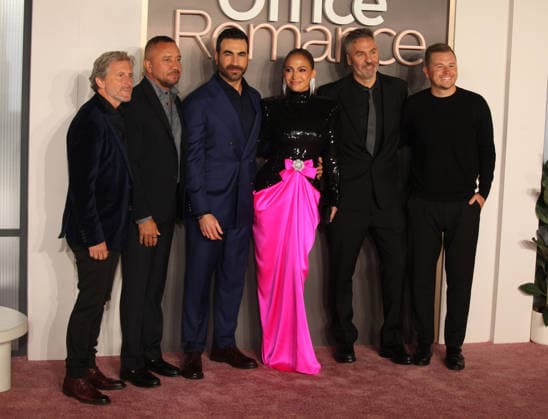 Office Romance premiere London, UK. Aaron Ryder, Jason Young, Brett Goldstein, Jennifer Lopez, Ol Parker and Andrew Swett at Office Romance premiere. BFI. 3rd June 2026. LMK11-S030626-001 Steve Bealing Landmark Media 