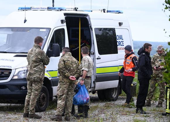Royal Navy Helicopter Crash Devon 3rd June 2026. Three Royal Navy crew members died when their helicopter crashed into a field in Devon. They were taking part in a training exercise in the Royal Navy Merlin Mk4 when it crashed at Sourton Down, near Okehampton, Devon. Pictured: the crash site with Royal Navy personnel and emergency services in attendance.  Copyright: xWaynexperryx NINTCHDBPICT001085762914