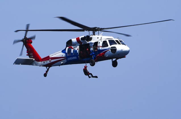 The first scenario of the Sea Lion-2026 Search and Rescue Invitation Exercise has been completed IZMIR, TURKIYE - JUNE 04: A rescue operation is carried out by air assets to save survivors from the sea during the first scenario of the operational phase of the Sea Lion (Deniz Aslani)-2026 Search and Rescue Invitation Exercise, conducted under the administration of the Turkish Coast Guard Command, in Izmir, Turkiye, on June 04, 2026. In the first scenario of the exercise, executed at two different points between the islands of Lesbos, Chios, Psara, Agios Efstratios, and Skyros within the Turkish Search and Rescue Region, a search and rescue operation was launched by the Turkish Coast Guard Command upon receiving a distress call from a commerc  Copyright: x2026xAnadoluxMehmetxEminxMenguarslanx