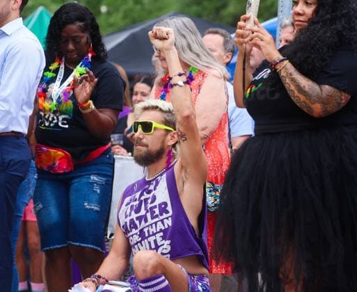 June 4, 2026, St. Petersburg, Florida, USA: Nathan Bruemmer, in center, raises his fist in support as he watches along with a crowd of supporters during the St. Pete Pride Flag Raising event to kick off Pride month at St. Pete City Hall on Thursday, June 4, 2026 in St. Petersburg. St. Petersburg USA  - ZUMAs70_ 20260604_zan_s70_006 Copyright: xDirkxShaddx