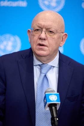 June 4, 2026, New York, New York, USA: June 4, 2026, New York, New York, USA: Russian Ambassador to the United Nations Vassily Nebenzia speaks to reporters during a Security Council stakeout at U.N. Headquarters in New York. New York USA - ZUMAs237 20260604_aap_s237_004 Copyright: xMarkxJ.xSullivanx