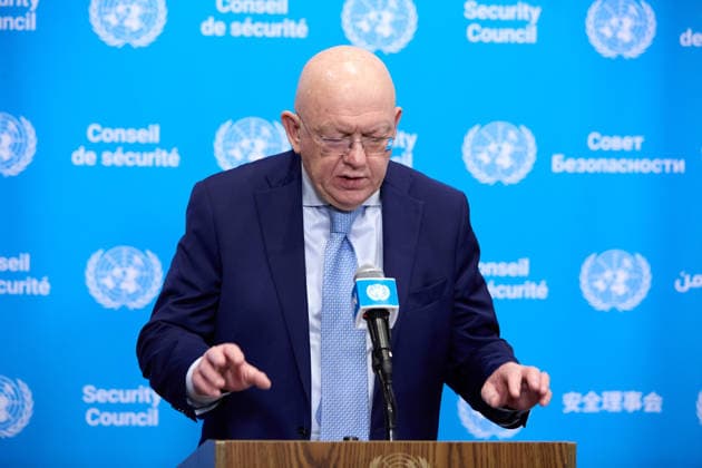 June 4, 2026, New York, New York, USA: June 4, 2026, New York, New York, USA: Russian Ambassador to the United Nations Vassily Nebenzia speaks to reporters during a Security Council stakeout at U.N. Headquarters in New York. New York USA - ZUMAs237 20260604_aap_s237_008 Copyright: xMarkxJ.xSullivanx