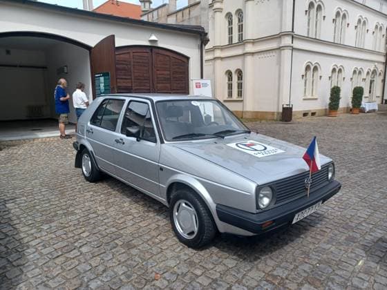 Exhibition in the courtyard of Lany Castle, June 4, 2026. The exhibition features four authentic cars belonging to Vaclav Havel, including a Mercedes that belonged to his grandfather, the builder and entrepreneur Vacslav Havel. Pictured here is a Volkswagen Golf II (ADC 77 13) from David Hubacek s private collection. (CTKxPhoto SandraxBejsakova) CTKPhotoP2026060406601  CTKPhotoP2026060406601