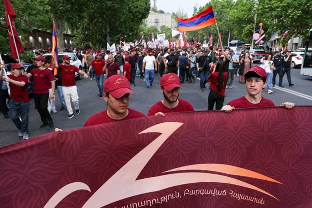 RUSSIA, YEREVAN - JUNE 4, 2026: Activists take part in a march for Prosperous Armenia ahead of the June 7 election to the National Assembly. Alexander Patrin TASS  93374387