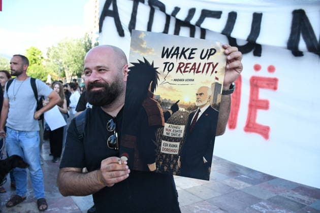 Protests against tourism project continue in Albania TIRANA, ALBANIA - JUNE 4: Demonstrators carrying banners and placards gather on the Boulevard of the Martyrs of the Nation to protest the planned sale of a beach in the Zvernec area of Vlora as part of a tourism development project, in Tirana, Albania on June 4, 2026. Olsi Shehu Anadolu Tirana Albania. Editorial use only. Please get in touch for any other usage.  Copyright: x2026xAnadoluxOlsixShehux
