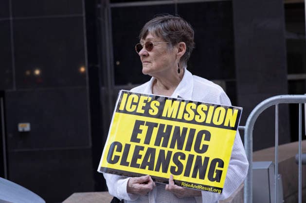 June 4, 2026, New York, New York, USA: Demonstrators join Rise and Resist s weekly vigil for those impacted by the Trump administration s immigrant detention and mass deportation policies outside the immigration courts, Department of Homeland Security and U.S. Immigration and Customs Enforcement offices at 26 Federal Plaza in Lower Manhattan. A participant holds a sign that reads ICE s MISSION ETHNIC CLEANSING. Protesters denounce the newest Justice Department policies of moving up the dates of immigrants hearings and scheduling mega masters, calendar hearings including 100 or more people at a time. New York USA - ZUMAr174 20260604_znp_r174_022 Copyright: xGinaxMxRandazzox