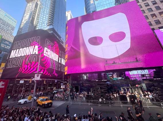 June 4, 2026, New York, New York, USA: Signage by Grindr and Madonna for her surprise pop up concert, partnered with the app Grindr, in Time Square to promote her new album Confessions ll also called Confessions on the Dance Floor - Part ll. New York USA - ZUMAk03_ 20260604_zaf_k03_043 Copyright: xNancyxKaszermanx