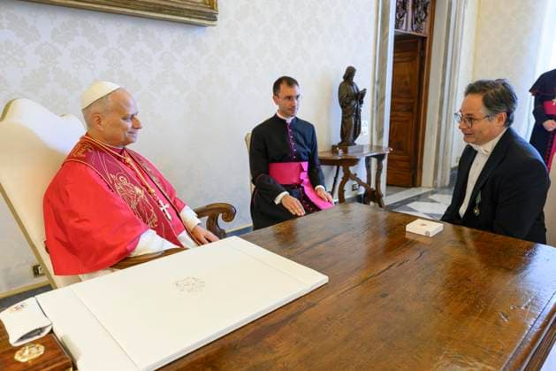 ITALY - POPE LEO XIV RECEIVES THE CREDENTIALIS OF HIS EXCELLENCY MR CHARLES PERSONNAZ IN THE VATICAN - 2026 6 5 Italy, Rome, Vatican, 2026 6 5 Pope Leo XIV receives the credentials of His Excellency Mr. Charles Personnaz, Ambassador of France in the Vatican EDITORIAL USE ONLY - NO BOOKS Copyright: xVATICANxMEDIAx