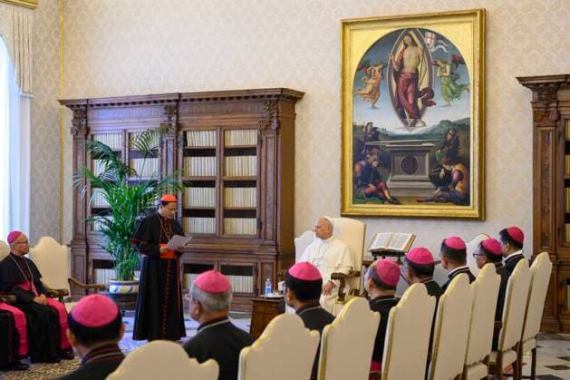 ITALY - POPE LEO XIV RECEIVES IN A PRIVATE AUDIENCE THE BISHOPS OF TEH CATHOLIC BISHOPS CONFERENCE OF MYANMAR IN THE VATICAN - 2026 6 5 Italy, Rome, Vatican, 2026 6 5 Pope Leo XIV receives in a private audience the bishops of the Catholic Bishops Conference of Myanmar, who are on their ad limina visit in the Vatican EDITORIAL USE ONLY - NO BOOKS Copyright: xVATICANxMEDIAx