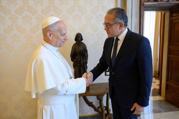 ITALY - POPE LEO XIV RECEIVES IN PRIVATE AUDIENCE HIS EXCELLENCY MR KHALED EL-ENANY IN THE VATICAN - 2026 6 5 Italy, Rome, Vatican, 2026 6 5 Pope Leo XIV receives in a private audience His Excellency Mr. Khaled El-Enany, Director-General of the United Nations Educational, Scientific and Cultural Organization in the Vatican EDITORIAL USE ONLY - NO BOOKS Copyright: xVATICANxMEDIAx