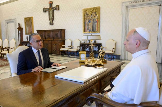 ITALY - POPE LEO XIV RECEIVES IN PRIVATE AUDIENCE HIS EXCELLENCY MR KHALED EL-ENANY IN THE VATICAN - 2026 6 5 Italy, Rome, Vatican, 2026 6 5 Pope Leo XIV receives in a private audience His Excellency Mr. Khaled El-Enany, Director-General of the United Nations Educational, Scientific and Cultural Organization in the Vatican EDITORIAL USE ONLY - NO BOOKS Copyright: xVATICANxMEDIAx