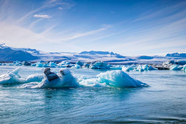 Blue icebergs drifting in Jökulsarlon lagoon in Iceland, Höfn Southern Region Iceland SMAF03378