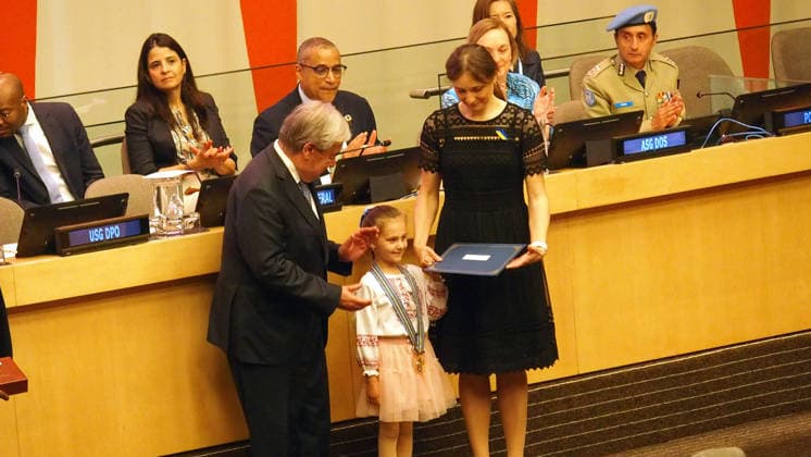 June 5, 2026, Manhattan, New York, USA: New York New York June 5,.2026... Ceremonies to present awards Ã The Dag HammarskjÅ¡ld Medal, Captain Mbaye Diagne Medal for Exceptional Courage, UN Woman Police Officer of the Year and UN Military Gender Advocate of the Year.(on the occasion of International Day of United Nations Peacekeepers).Family of Sergii Prykhodko receiving his award for exceptional courage Manhattan USA - ZUMAct2_ 20260605_faf_ct2_028 Copyright: xBrucexCotlerx