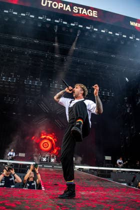 Singer Sebastian Sushi Biesler from the German metalcore and trancecore band Electric Callboy will bring ecstasy to the audience with a high-energy show on the Utopia Stage main stage at Rock im Park 2026 Nuremberg Zeppelinfeld Bavaria Germany