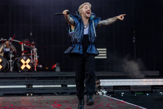 Music festival Rock im Park 2026 Electric Callboy, Nuremberg, 05 06 2026 Nico Sallach Electric Callboy on stage The singer performs with microphone and outstretched arm, red rose petals lie on the stage floor Nuremberg Bavaria Germany 20260605-1V9A9702-M4000