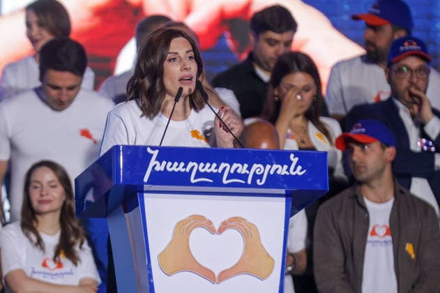 ARMENIA, YEREVAN - JUNE 5, 2026: Armenia s Health Minister Anahit Avanesian addresses a rally held by supporters of the Civil Contract Party on Republic Square. Alexander Patrin TASS  93417505