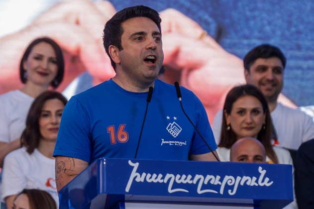 ARMENIA, YEREVAN - JUNE 5, 2026: Alen Simonyan, president of the National Assembly of Armenia, addresses a rally held by supporters of the Civil Contract Party on Republic Square Yerevan Armenia  - ZUMAt113 20260605_zaa_t113_906 Copyright: xAlexanderxPatrinx