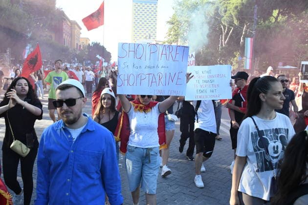 Protest against tourism project in Albania drawing thousands of participants TIRANA, ALBANIA - JUNE 5: Thousands gather at the historic Skanderbeg Square in Tirana, Albania on June 5, 2026, to protest against a controversial luxury tourism development project planned for the ecologically sensitive Zvernec area in the coastal city of Vlora. The massive rally marks an escalation in public outcry over allegations that prime, state-owned coastal lands are being sold off to high-profile foreign investors linked to Jared Kushner and Ivanka Trump, the son-in-law and daughter of US President Donald Trump. Olsi Shehu Anadolu Tirana Albania. Editorial use only. Please get in touch for any other usage.  Copyright: x2026xAnadoluxOlsixShehux