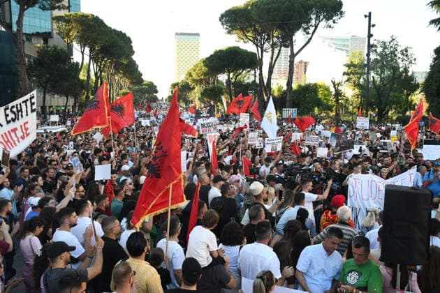 Protest against tourism project in Albania drawing thousands of participants TIRANA, ALBANIA - JUNE 5: Thousands gather at the historic Skanderbeg Square in Tirana, Albania on June 5, 2026, to protest against a controversial luxury tourism development project planned for the ecologically sensitive Zvernec area in the coastal city of Vlora. The massive rally marks an escalation in public outcry over allegations that prime, state-owned coastal lands are being sold off to high-profile foreign investors linked to Jared Kushner and Ivanka Trump, the son-in-law and daughter of US President Donald Trump. Olsi Shehu Anadolu Tirana Albania. Editorial use only. Please get in touch for any other usage.  Copyright: x2026xAnadoluxOlsixShehux