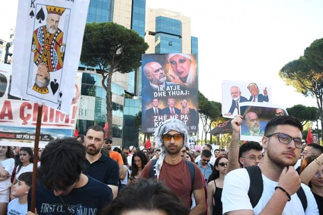 Protest against tourism project in Albania drawing thousands of participants TIRANA, ALBANIA - JUNE 5: Thousands gather at the historic Skanderbeg Square in Tirana, Albania on June 5, 2026, to protest against a controversial luxury tourism development project planned for the ecologically sensitive Zvernec area in the coastal city of Vlora. The massive rally marks an escalation in public outcry over allegations that prime, state-owned coastal lands are being sold off to high-profile foreign investors linked to Jared Kushner and Ivanka Trump, the son-in-law and daughter of US President Donald Trump. Olsi Shehu Anadolu Tirana Albania. Editorial use only. Please get in touch for any other usage.  Copyright: x2026xAnadoluxOlsixShehux