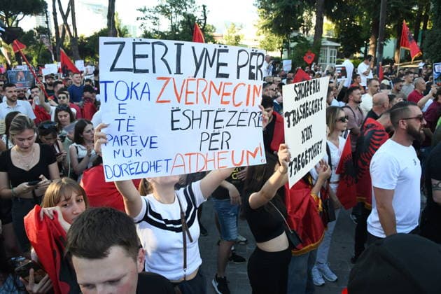 Protest against tourism project in Albania drawing thousands of participants TIRANA, ALBANIA - JUNE 5: Thousands gather at the historic Skanderbeg Square in Tirana, Albania on June 5, 2026, to protest against a controversial luxury tourism development project planned for the ecologically sensitive Zvernec area in the coastal city of Vlora. The massive rally marks an escalation in public outcry over allegations that prime, state-owned coastal lands are being sold off to high-profile foreign investors linked to Jared Kushner and Ivanka Trump, the son-in-law and daughter of US President Donald Trump. Olsi Shehu Anadolu Tirana Albania. Editorial use only. Please get in touch for any other usage.  Copyright: x2026xAnadoluxOlsixShehux