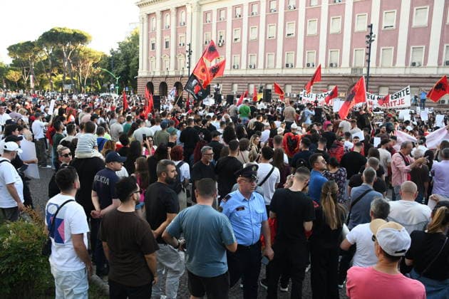 Protest against tourism project in Albania drawing thousands of participants TIRANA, ALBANIA - JUNE 5: Thousands gather at the historic Skanderbeg Square in Tirana, Albania on June 5, 2026, to protest against a controversial luxury tourism development project planned for the ecologically sensitive Zvernec area in the coastal city of Vlora. The massive rally marks an escalation in public outcry over allegations that prime, state-owned coastal lands are being sold off to high-profile foreign investors linked to Jared Kushner and Ivanka Trump, the son-in-law and daughter of US President Donald Trump. Olsi Shehu Anadolu Tirana Albania. Editorial use only. Please get in touch for any other usage.  Copyright: x2026xAnadoluxOlsixShehux