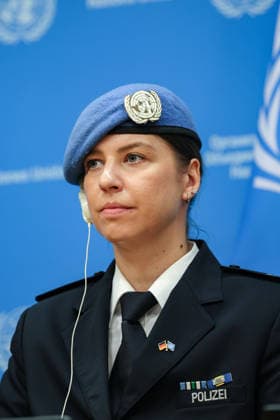 June 5, 2026, New York, New York, USA: STEPHANIE KONIGS of Germany briefs the press after receiving the 2025 UN Woman Police Officer of the Year Award, speaking about her peacekeeping work and the dangers faced by UN peacekeepers, during the International Day of UN Peacekeepers at UNHQ. New York USA - ZUMAo116 20260605_znp_o116_014 Copyright: xBiancaxOterox