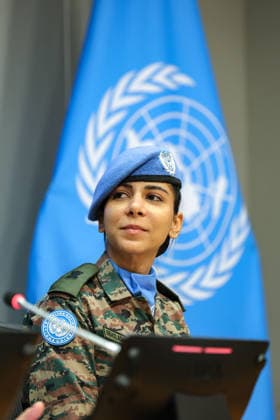 June 5, 2026, New York, New York, USA: Major ABHILASHA BARAK of India, the first woman combat aviator in the Indian Army Aviation Corps, briefs the press after receiving the 2025 UN Military Gender Advocate of the Year Award during the International Day of UN Peacekeepers at UNHQ. New York USA - ZUMAo116 20260605_znp_o116_020 Copyright: xBiancaxOterox