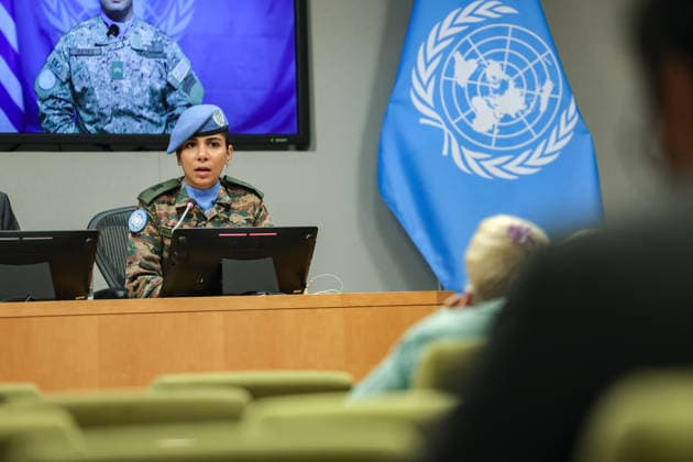 June 5, 2026, New York, New York, USA: Major ABHILASHA BARAK of India, the first woman combat aviator in the Indian Army Aviation Corps, briefs the press after receiving the 2025 UN Military Gender Advocate of the Year Award during the International Day of UN Peacekeepers at UNHQ. New York USA - ZUMAo116 20260605_znp_o116_029 Copyright: xBiancaxOterox