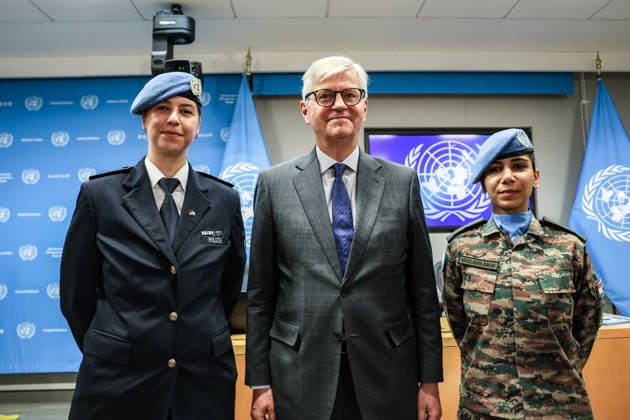 June 5, 2026, New York, New York, USA: STEPHANIE KONIGS of Germany, JEAN-PIERRE LACROIX, Under-Secretary-General for Peace Operations, and Major ABHILASHA BARAK of India stand together and smile for the camera after briefing the press following the International Day of UN Peacekeepers ceremony at UNHQ. New York USA - ZUMAo116 20260605_znp_o116_032 Copyright: xBiancaxOterox