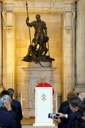 Pope Leo XIV delivers a speech at the Hall of Columns during the official welcoming event held at the Royal Palace in Madrid, Spain, 06 June 2026. Pope Leo XIV is undertaking an official six-day visit to Spain from 06 to 12 June 2026 covering Madrid, Barcelona, and the Canary Islands. Pope Leo XIV visits Spain !ACHTUNG: NUR REDAKTIONELLE NUTZUNG!  Copyright: xJJ.xGuillenx GRAF2141 20260606-55020517612_1