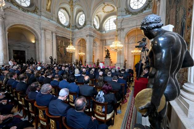 SPAIN - POPE LEO XIV DURING A WELCOME CEREMONY AT THE ROYAL PALACE IN MADRID - 2026 6 6 Spain, Vatican, 2026 6 6 Pope Leo XIV speaks to the diplomatic community during a welcome ceremony at the Royal Palace in Madrid EDITORIAL USE ONLY - NO BOOKS Copyright: xVATICANxMEDIA CPPx