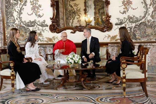 Spanish King Felipe VI and Letizia with Princess Leonor and Sofia de Borbon next to Leon XIV during a luncheon ceremony for Pope on ocassion his official visit to Spain at RoyalPalace in Madrid on Saturday, 06 June 2026. Cordon Press 