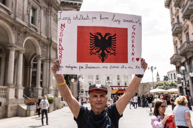 Protest held in Milan in defense of Albania’s Vjosa Delta lagoon MILAN, ITALY - JUNE 6: Hundreds of members of the Albanian community in northern Italy, along with environmental activists, take part in a protest in defense of the Pishe Poro-Narta lagoon and the protected area in the Vjosa River Delta in Albania, which is threatened by a luxury tourism project and aimed at protecting Albania’s natural heritage, in Milan, Italy, on June 6, 2026. The protests, which began in Albania in mid-May, have grown into one of the largest environmental mobilizations in recent years. Andrea Carrubba Anadolu Milan Italy. Editorial use only. Please get in touch for any other usage.  Copyright: x2026xAnadoluxAndreaxCarrubbax