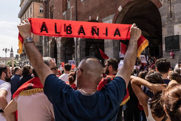 Protest held in Milan in defense of Albania’s Vjosa Delta lagoon MILAN, ITALY - JUNE 6: Hundreds of members of the Albanian community in northern Italy, along with environmental activists, take part in a protest in defense of the Pishe Poro-Narta lagoon and the protected area in the Vjosa River Delta in Albania, which is threatened by a luxury tourism project and aimed at protecting Albania’s natural heritage, in Milan, Italy, on June 6, 2026. The protests, which began in Albania in mid-May, have grown into one of the largest environmental mobilizations in recent years. Andrea Carrubba Anadolu Milan Italy. Editorial use only. Please get in touch for any other usage.  Copyright: x2026xAnadoluxAndreaxCarrubbax