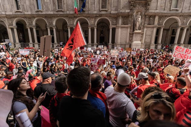 Protest held in Milan in defense of Albania’s Vjosa Delta lagoon MILAN, ITALY - JUNE 6: Hundreds of members of the Albanian community in northern Italy, along with environmental activists, take part in a protest in defense of the Pishe Poro-Narta lagoon and the protected area in the Vjosa River Delta in Albania, which is threatened by a luxury tourism project and aimed at protecting Albania’s natural heritage, in Milan, Italy, on June 6, 2026. The protests, which began in Albania in mid-May, have grown into one of the largest environmental mobilizations in recent years. Andrea Carrubba Anadolu Milan Italy. Editorial use only. Please get in touch for any other usage.  Copyright: x2026xAnadoluxAndreaxCarrubbax