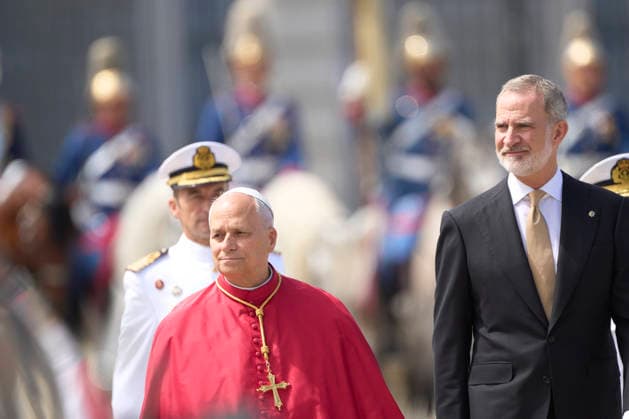 June 6, 2026, Madrid, Madrid, Spain: King Felipe VI of Spain, Pope Leo XIV (Papa Leon XVI, Robert Francis Prevost) attends a welcome ceremony with His Holiness the Pope Leo XIV at Royal Palace on June 6, 2026 in Madrid, Spain Madrid Spain  - ZUMAg15_ 20260606_zaf_g15_048 Copyright: xJackxAbuinx