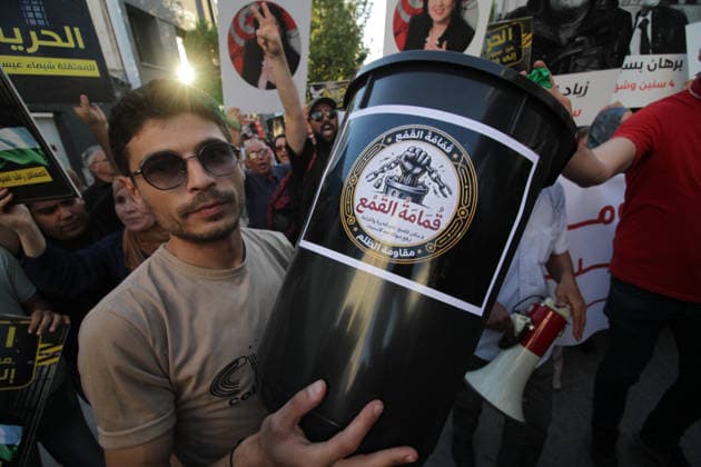 June 5, 2026, Tunis, Tunis, Tunisia, Tunisia: Demonstrators march through central Tunis during a protest demanding freedom of expression, independent public media, and an end to legal measures they say criminalize free speech, on June 5, 2026. The rally was organized in opposition to Decree-Law 54 and reflects growing concerns among civil society groups over restrictions on media freedoms and political dissent in Tunisia. Tunis Tunisia - ZUMAm342 20260605_zsp_m342_013 Copyright: xHasanxMradx