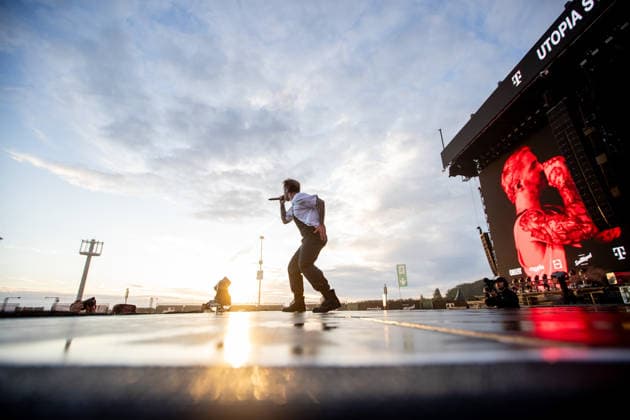 Kevin Ratajczak singing during the performance of the German metalcore band Electric Callboy as part of the Rock am Ring 2026 festival at the Nürburgring Nürburg Rock am Ring Rheinland Pfalz Germany