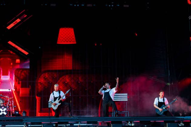 Daniel Haniß guitar , Kevin Ratajczak vocals and Pascal Schillo guitar during the performance of the German metalcore band Electric Callboy at the festival Rock am Ring 2026 at the Nürburgring Nürburg Rock am Ring Rheinland Pfalz Germany