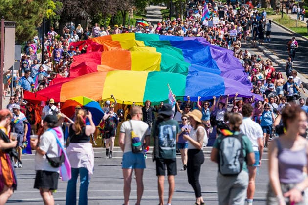 June 6, 2026, Salt Lake City, Utah, USA: Participants carry a large rainbow flag down the street during the Utah Pride Rally and March on June 6, 2026. Salt Lake City USA - ZUMAm292 20260606_znp_m292_002 Copyright: xCharlesxMcClintockxWilsonx